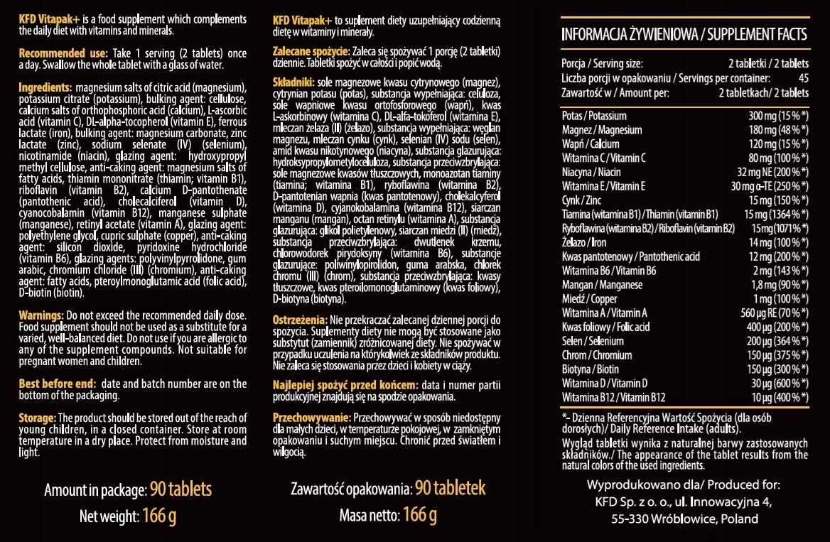KFD VITAPAK-VITAMINS AND ORGANIC MINERALS - 45 days Manufacturer code KFD