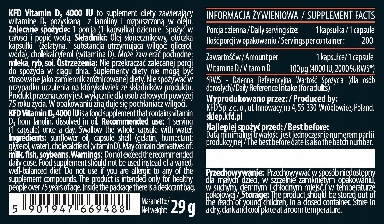 KFD Vitamin D3 4000 IU 200 caps. (200 servings) Expiration date at least 1 year from the date of purchase