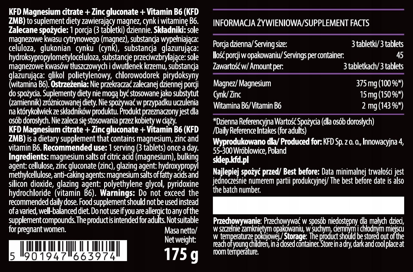 KFD ZMB 135 tab Magnesium Zinc B6 Gluconate Citrate Muscle Regeneration Sleep Packaging status original