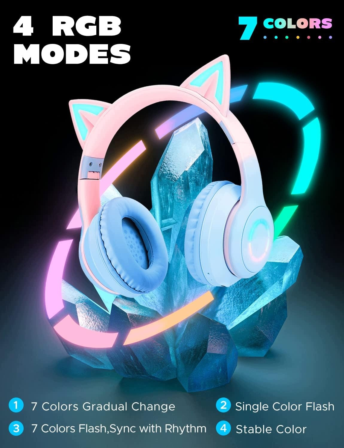 KIDS BLUETOOTH HEADPHONES JYPS WITH EARS CAT RGB LED BLUE PINK Brand no brand