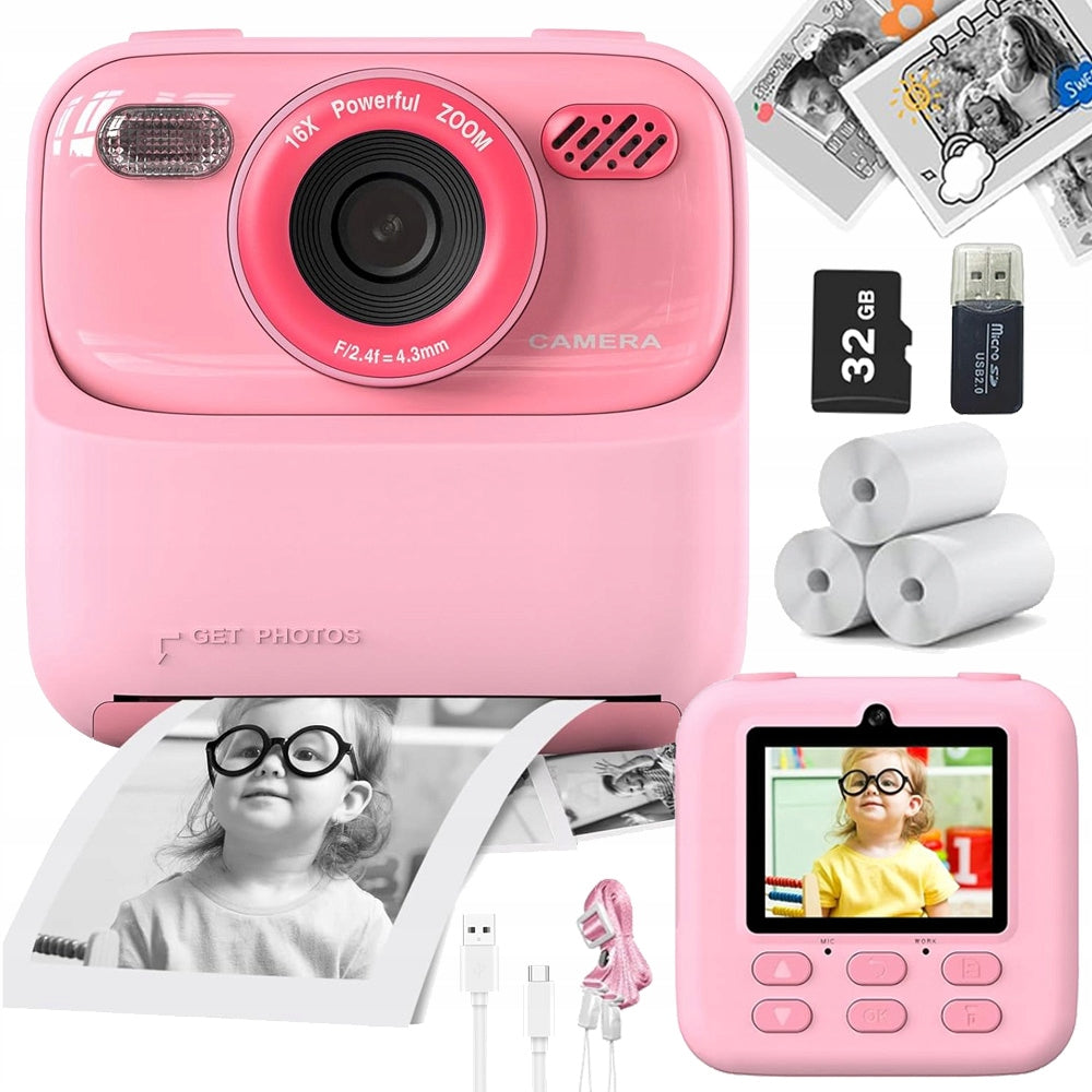 KIDS DIGITAL CAMERAS INSTANT MULTIFUNCTION 1080P 32GB PINK