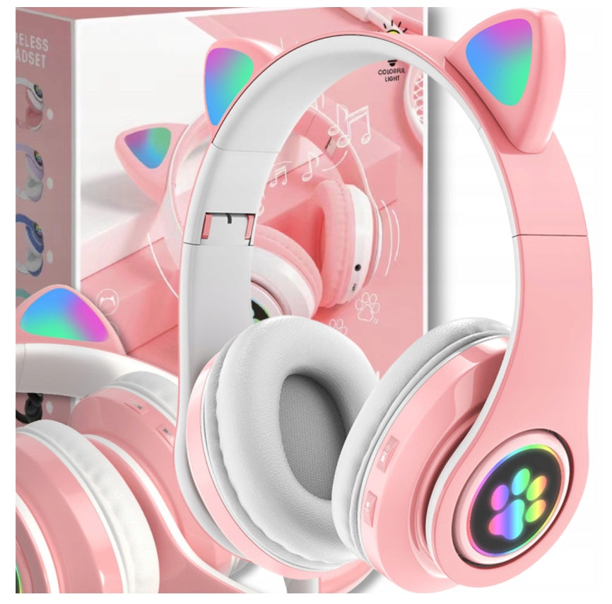 KIDS HEADPHONES Bluetooth On-Ear Cat Ears with Microphone Pink