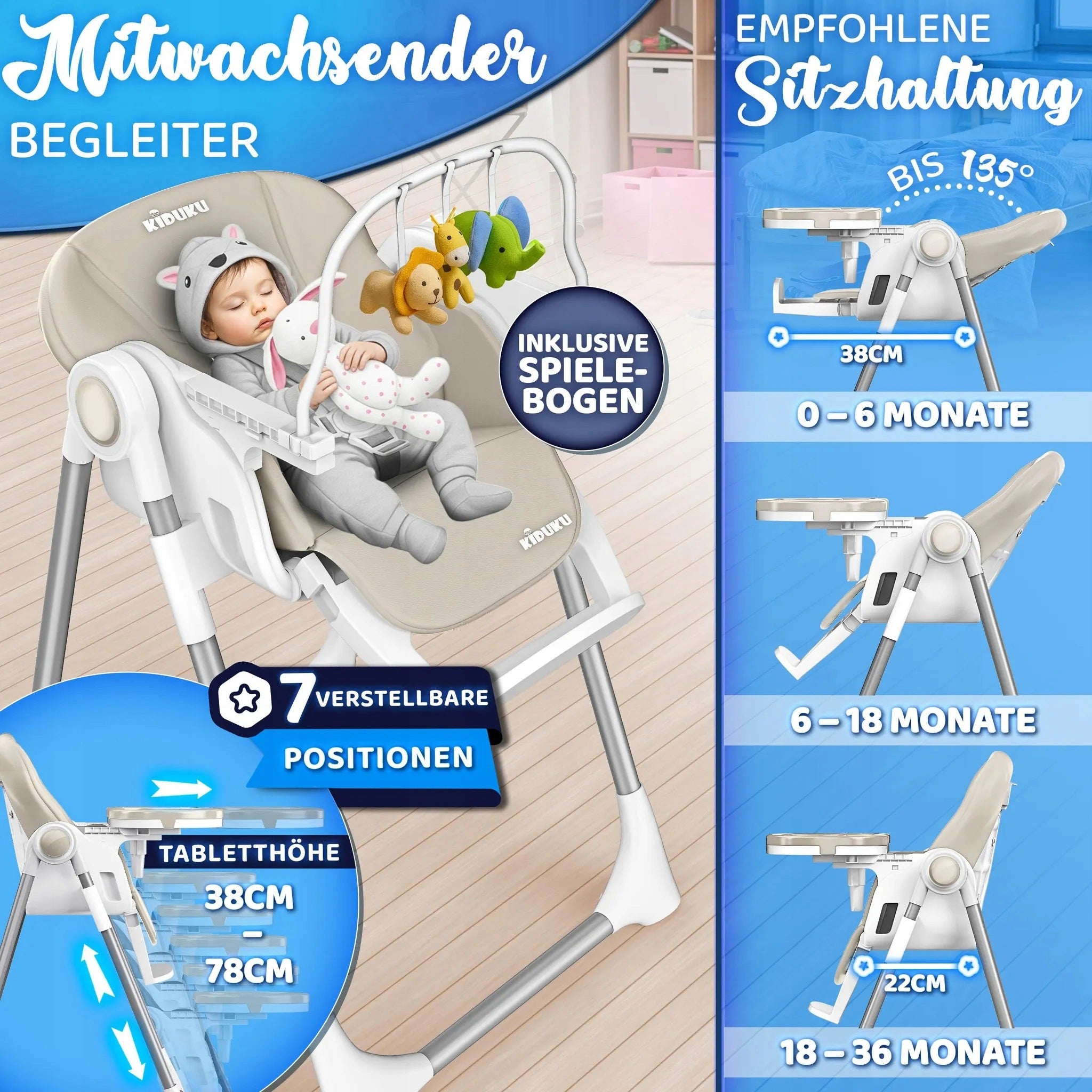 KIDUKU 3IN1 HIGH CHAIR FOR CHILDREN 0 – 36M + LOUNGER, TABLE, HEADBAND Brand Kiduku