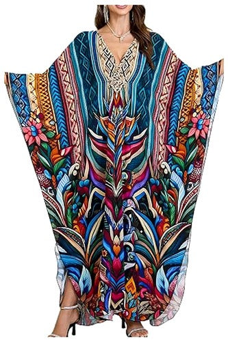 KIMONO BOHO WOMEN'S BLUE CARDIGAN BEACH COVER-UP OVERSIZE