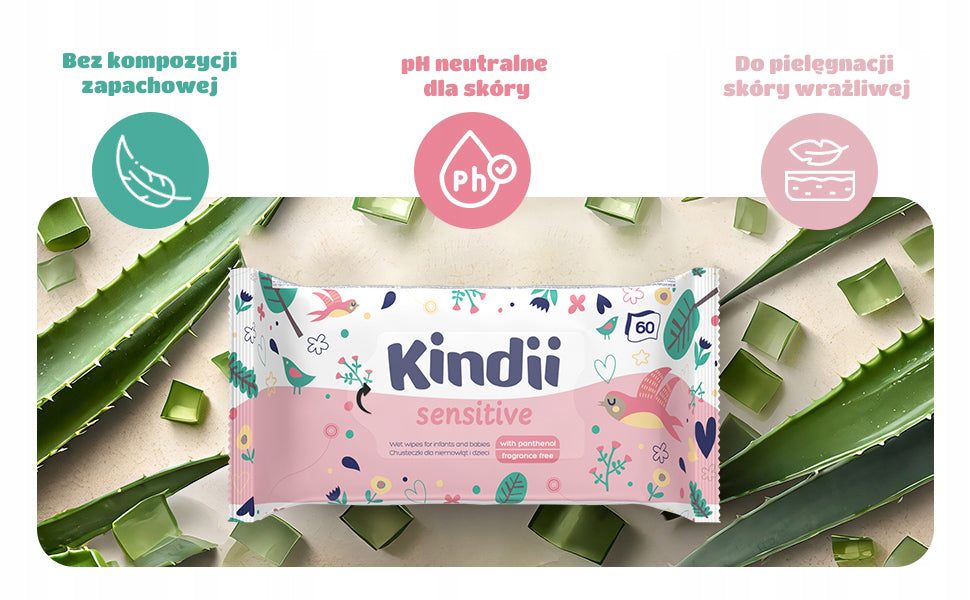 KINDII SENSITIVE GENTLE WET WIPES FOR CHILDREN 60 PCS. x 12 Brand Kindii