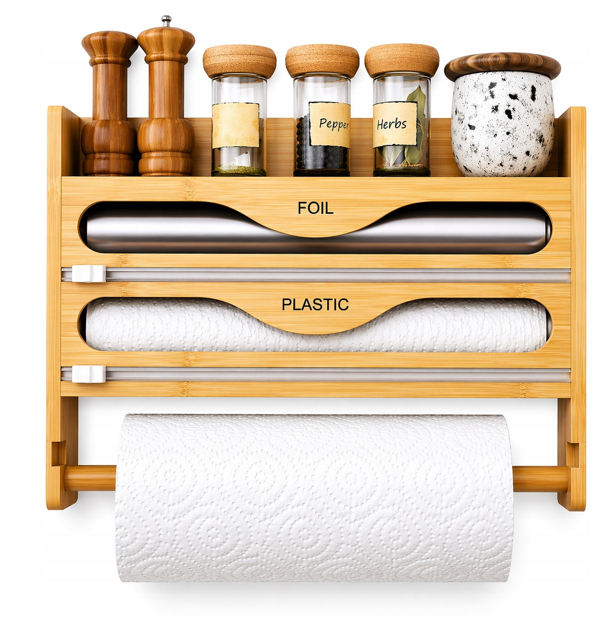 KITCHEN ORGANIZER 4in1 Bamboo TOWEL HOLDER FOIL SPICE Shelf