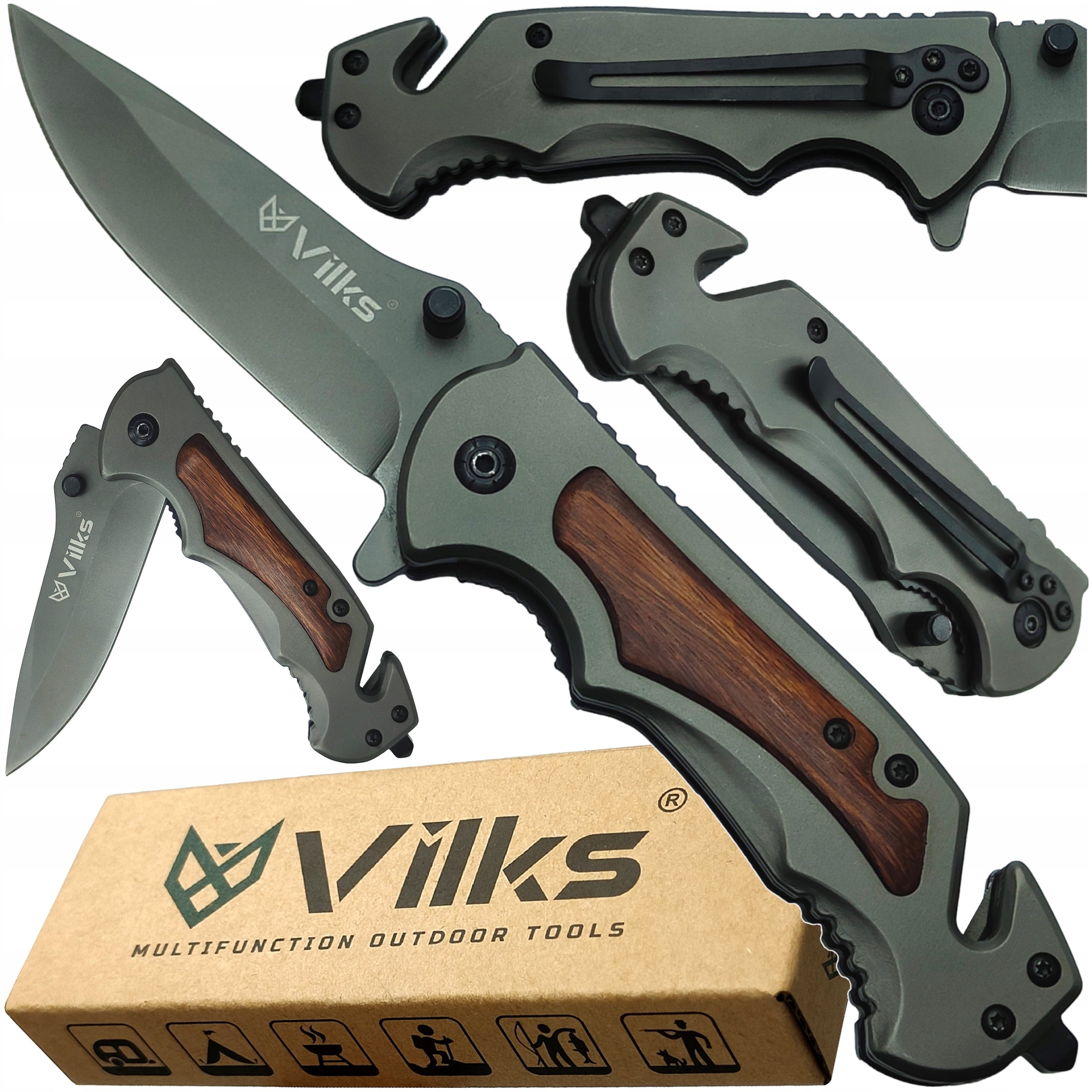 KNIFE Folding Pocket Knife SURVIVAL Multifunctional Tactical Steel + SHARP WOOD