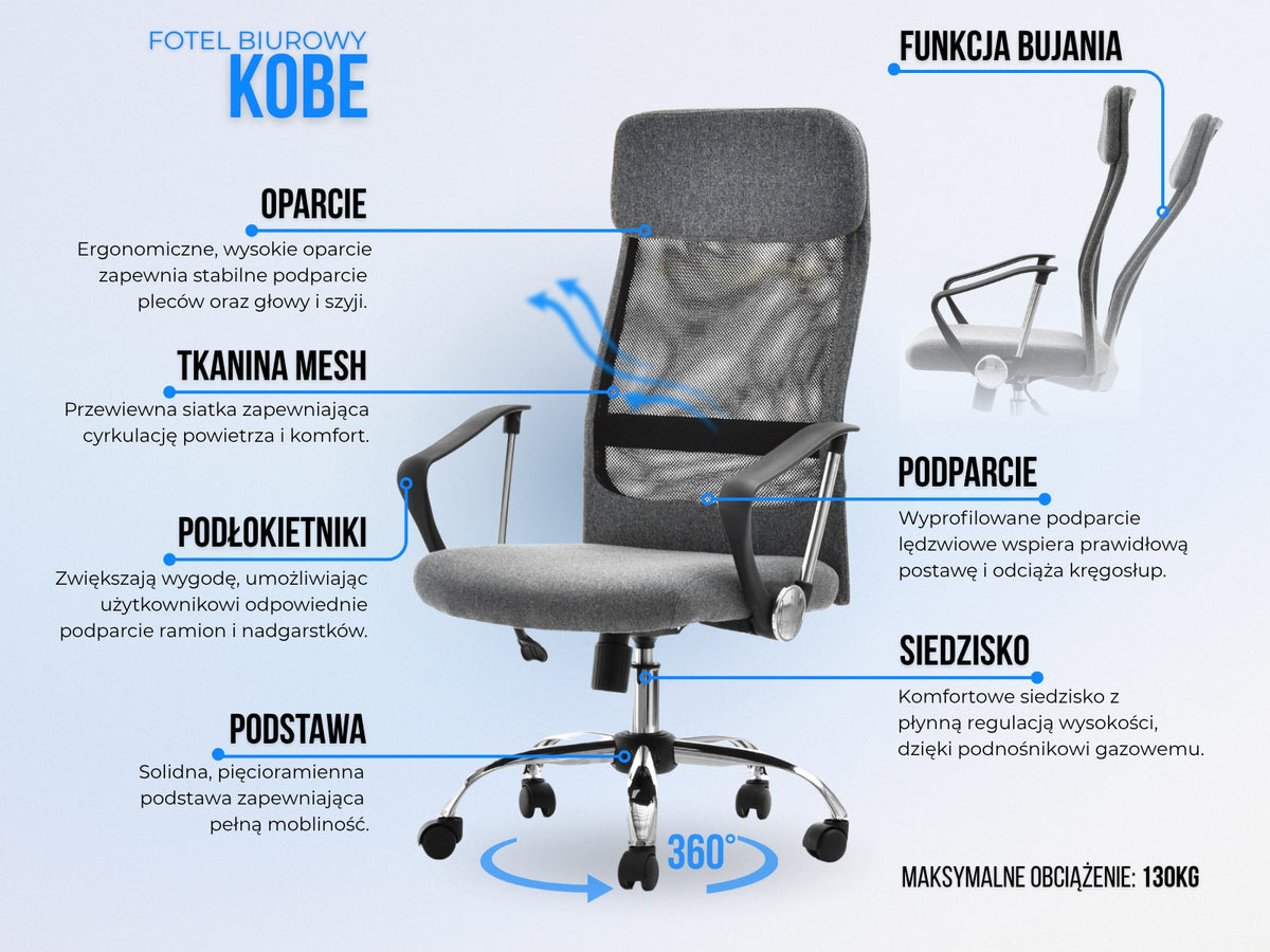 KOBE SWIVEL CHAIR GREY FABRIC AND MESH WITH ARMRESTS FUNCTIONS Manufacturer code 5907698620808