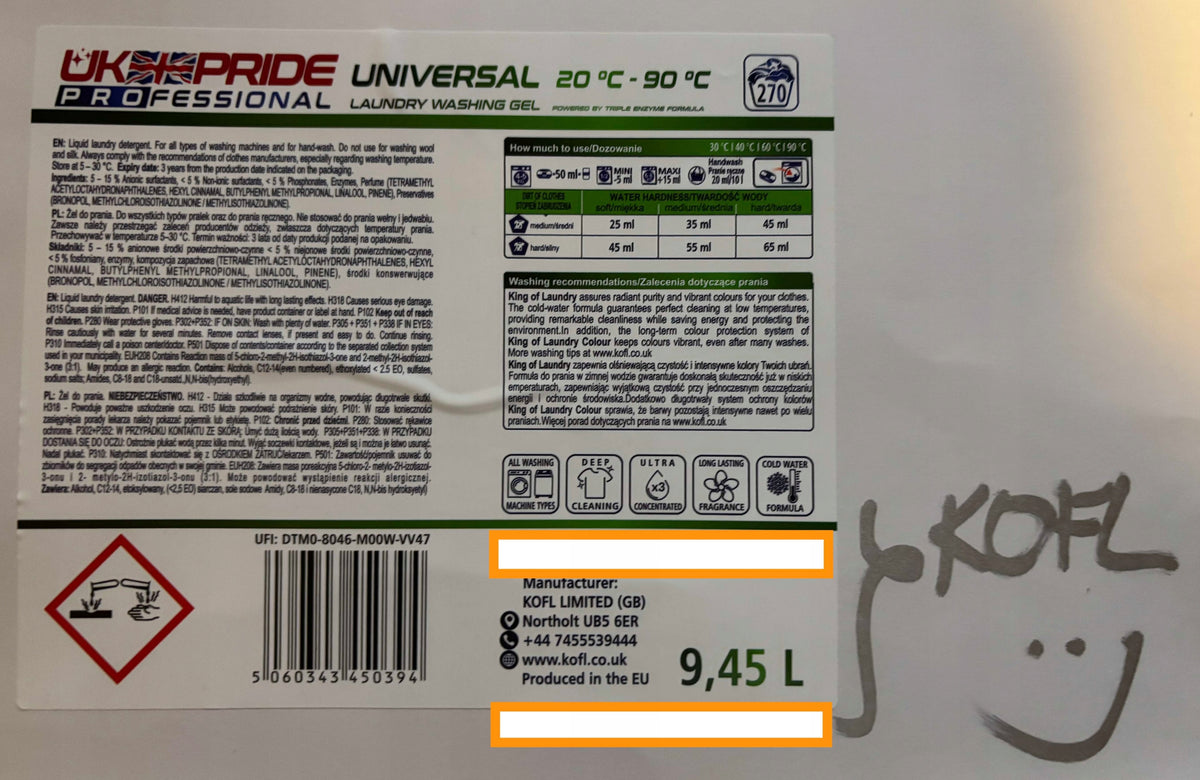 KOFL UNIVERSAL WASHING GEL UNIVERSAL 9.45L PRIDE OF ENGLAND PRIDE IS BACK! Manufacturer code 50394