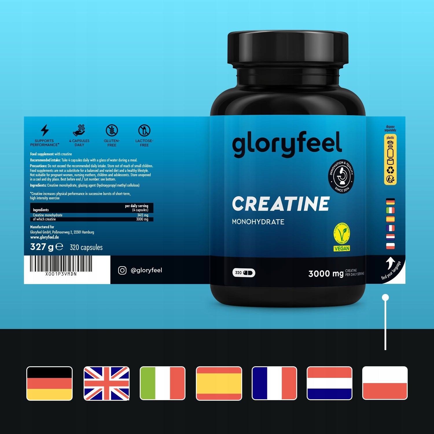 KREATYNA MONOHYDRAT 3000MG 320 kaps. KREATYNY MASA MIĘŚNIOWA gloryfeel Manufacturer code 4260619422730