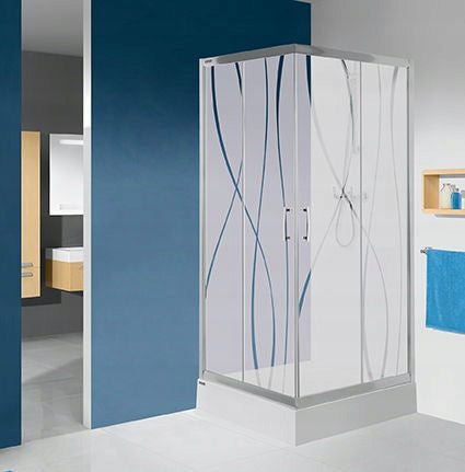 Eckduschkabine Sanplast TX KN/TX5b 80er Jahre, Profil silber glänzend, dekoriertes Glas W15 
