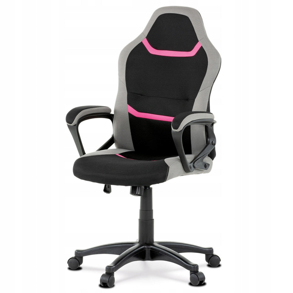 Kancelářská a herní židle, potah růžová, šedá a černá látka, houpací mechan Furniture depth 63 cm