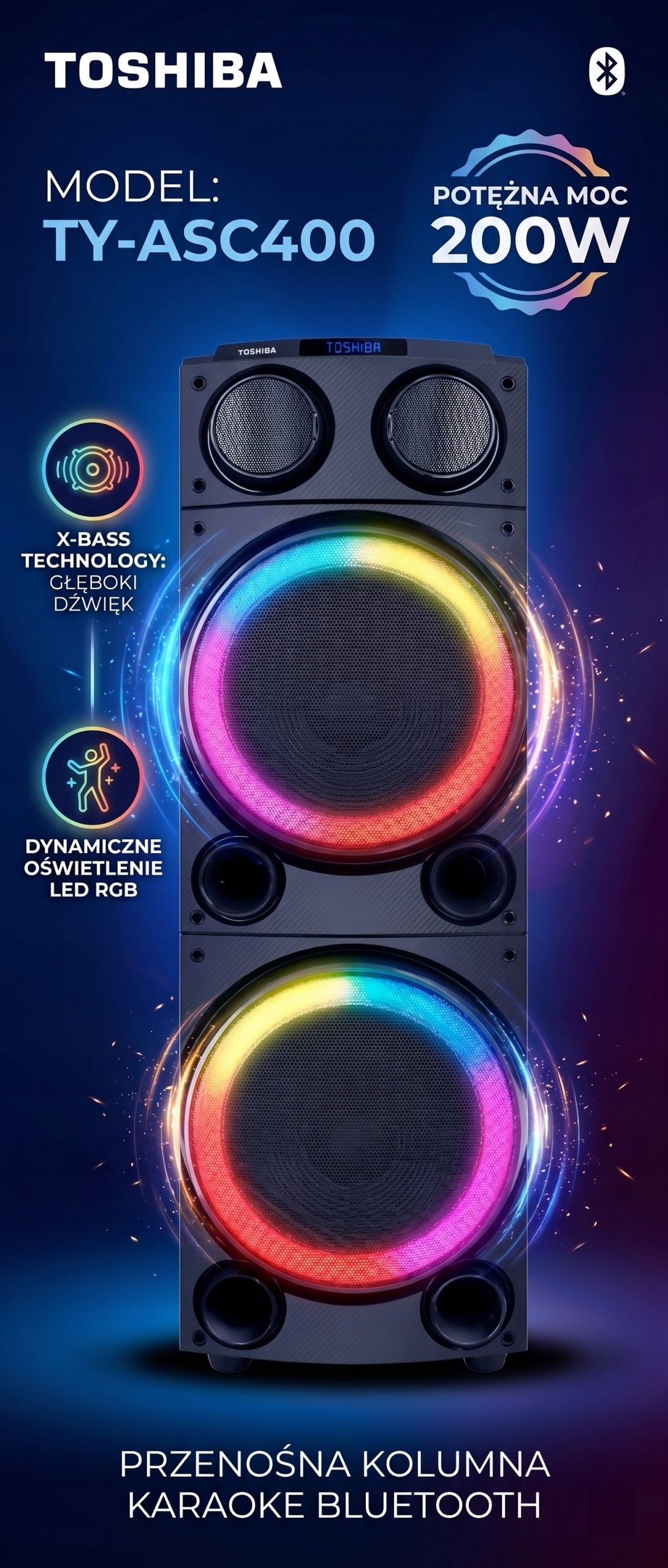 Karaoke Bluetooth Speaker Toshiba Powerful 200W Bass LED Micron Party Box Manufacturer code TY-ASC402