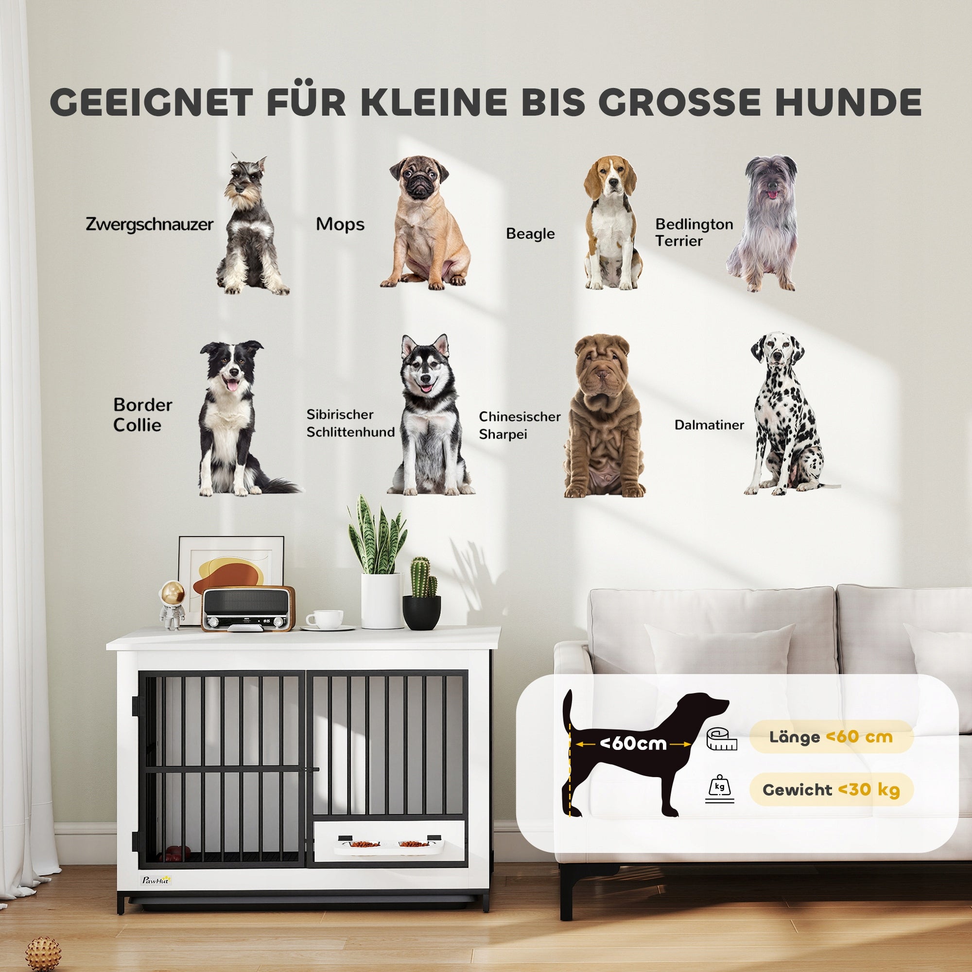 Kennel Dog Cage For Home 2 Doors Swivel Bowls White Length 95 cm