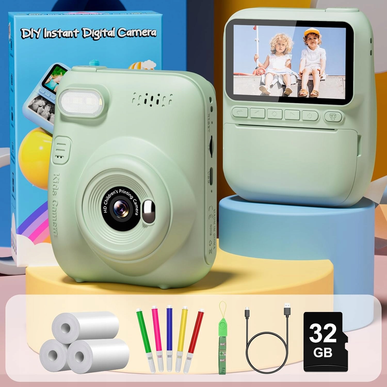 Kids Camera Instant Thermal Printing Screen 3 Inch MP3 Card 32GB Packaging status original