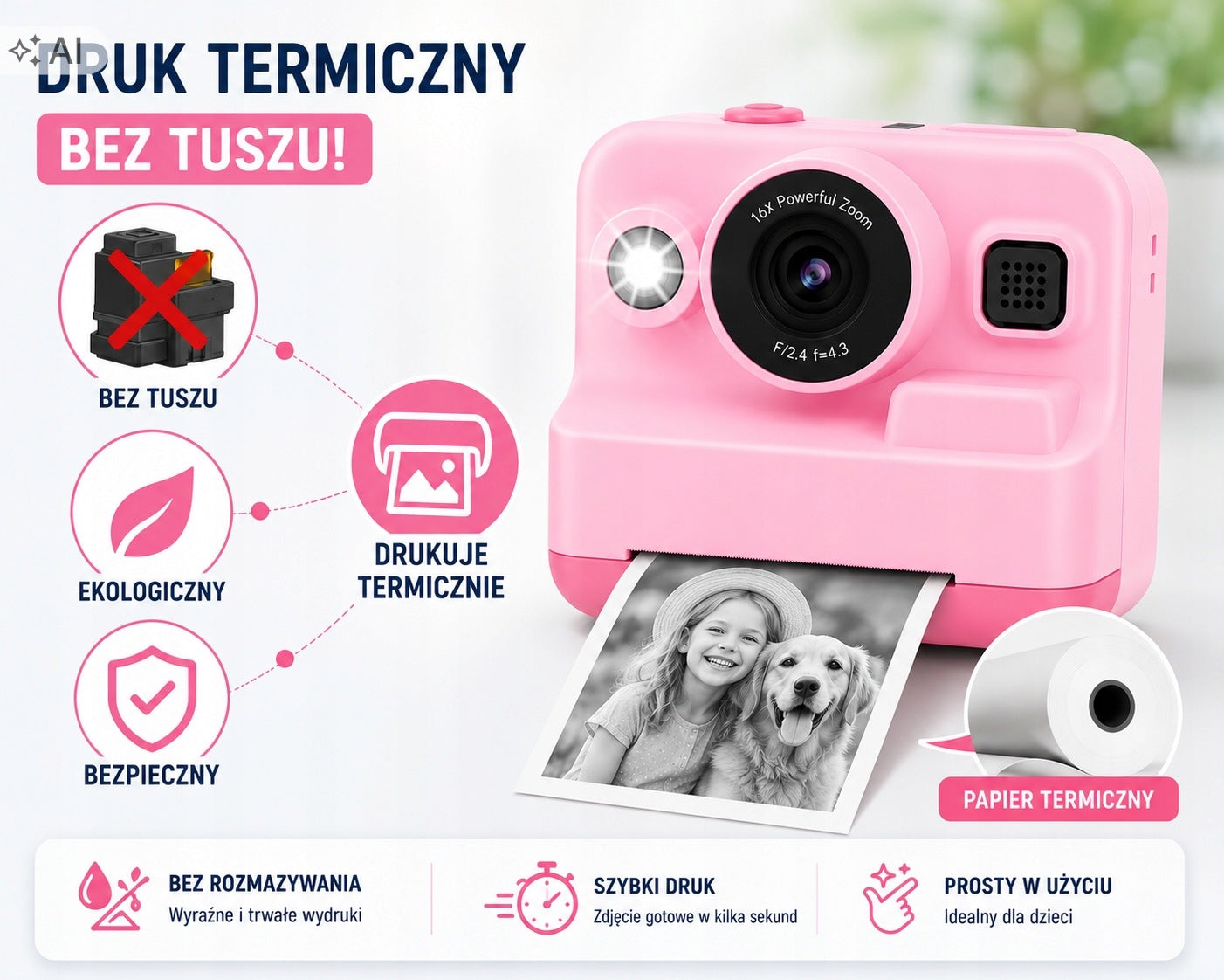 Kids Camera with Printer Instant HD Printing Video Games USB 32GB ROSES Manufacturer code Aparat dla dzieci na prezent rolki