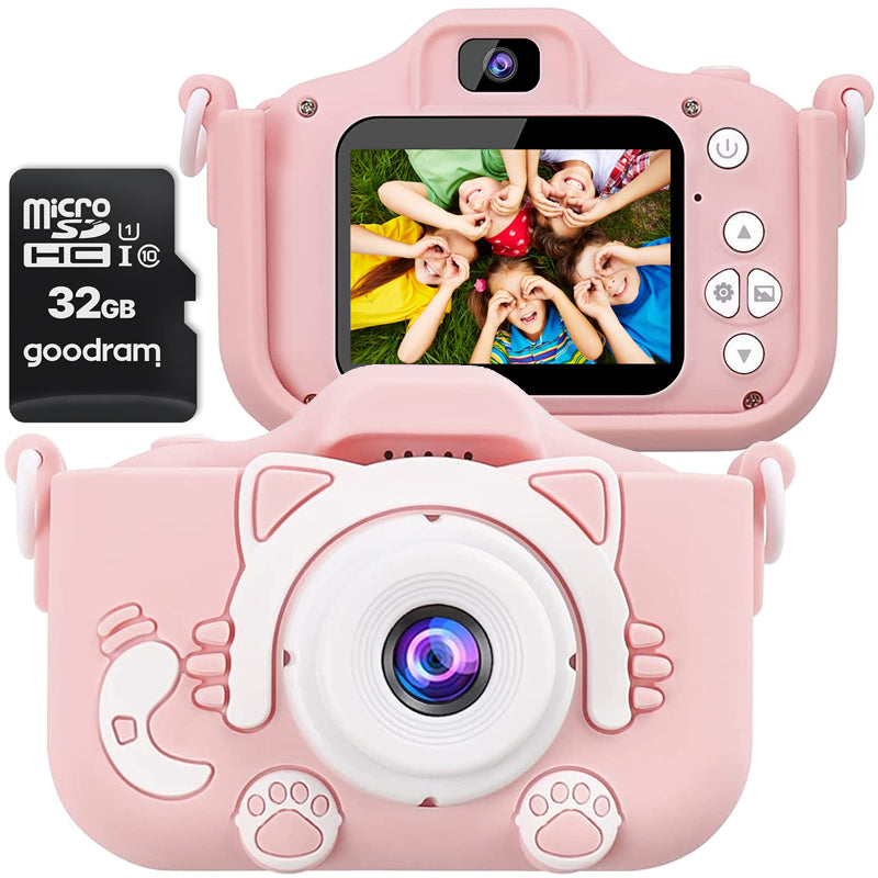 Kids Digital Camera Game CAT KITTEN Pink 40Mpx HD + 32GB Card