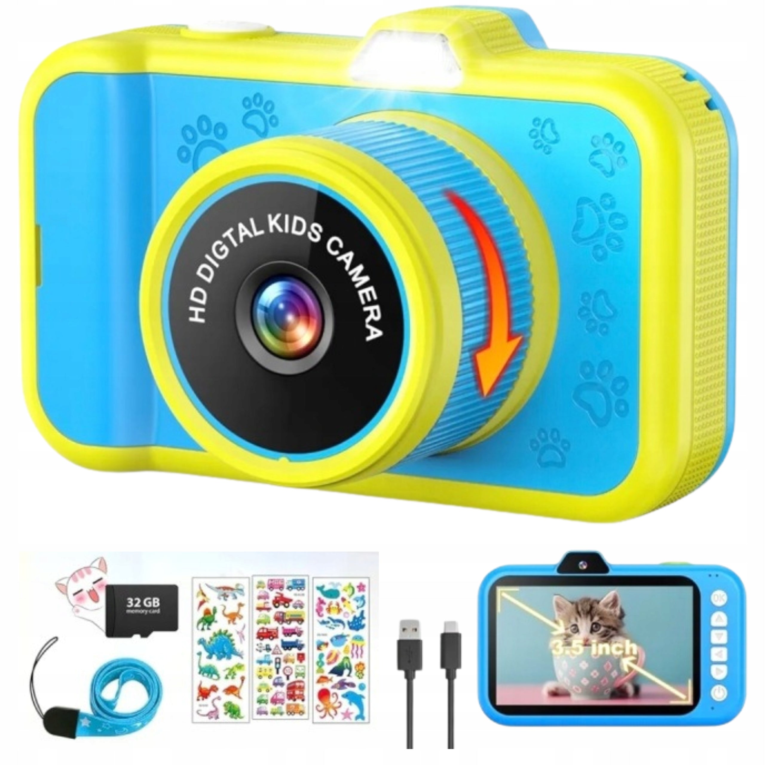Kids Digital Camera Rotating Lens 360 Zoom 10x 32GB 1080P Card