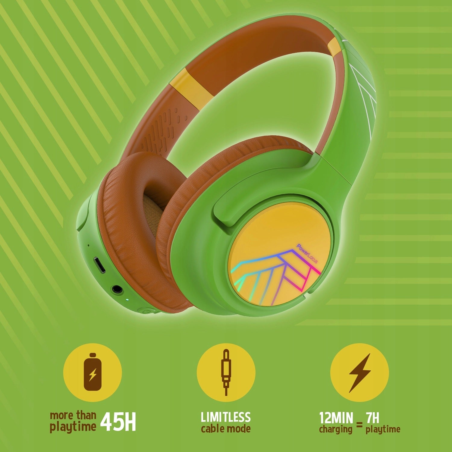 Kids Headphones PowerLocus Bobo Turtle WIRELESS LED AUX Packaging status original