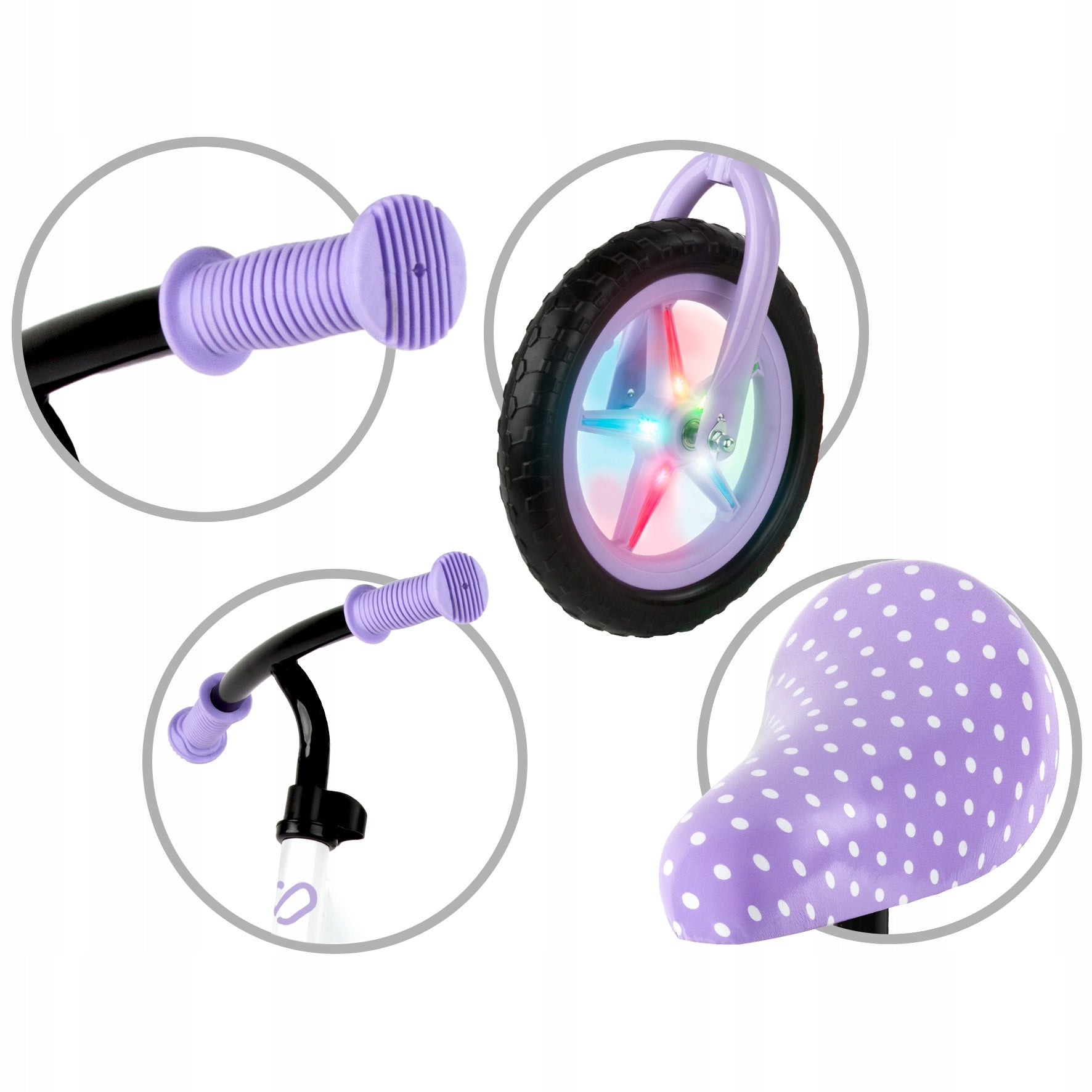 Kidwell Rebel LED balance bike 12" white, purple DOTS dots Brand Kidwell