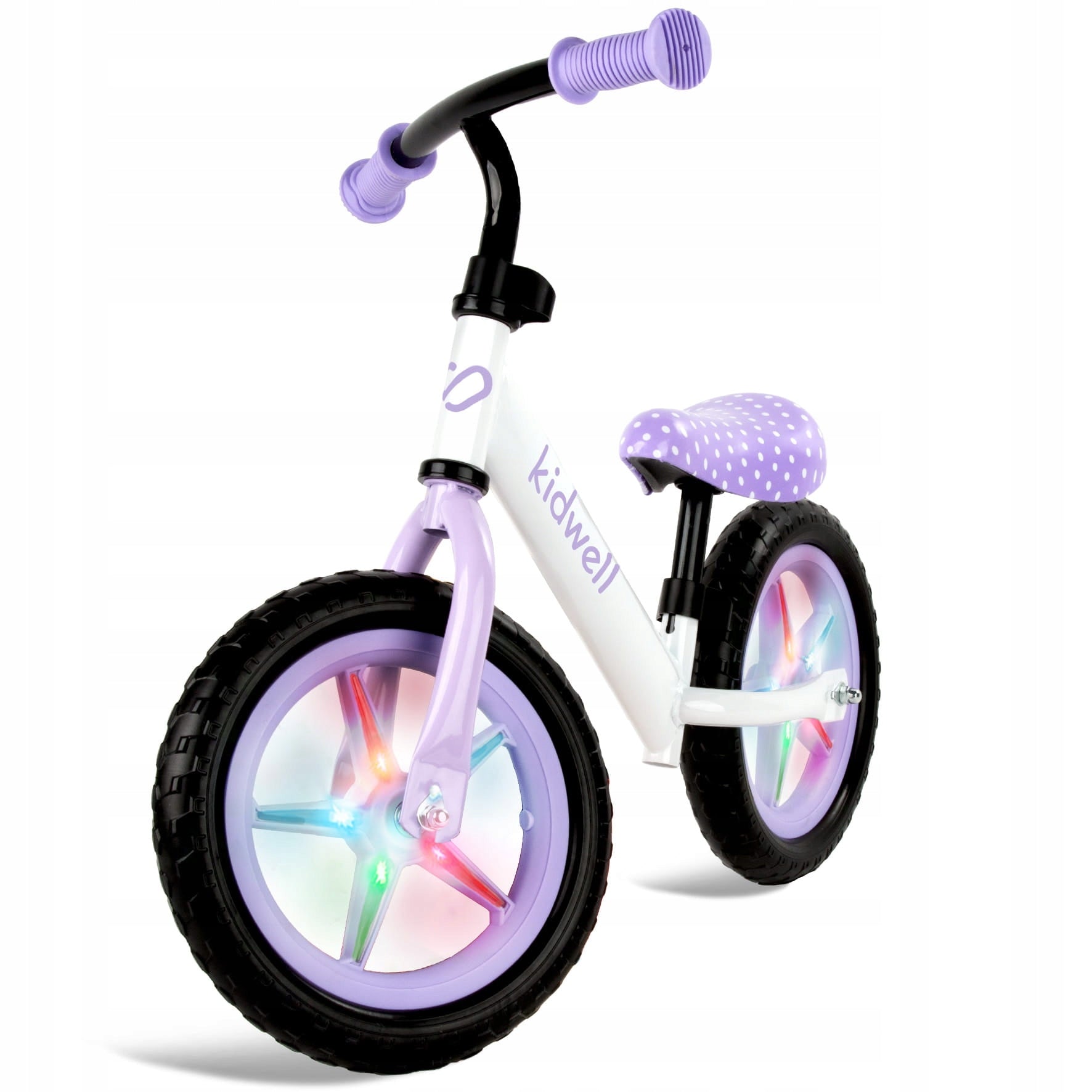 Kidwell Rebel LED balance bike 12" white, purple DOTS dots Height 80–120 cm