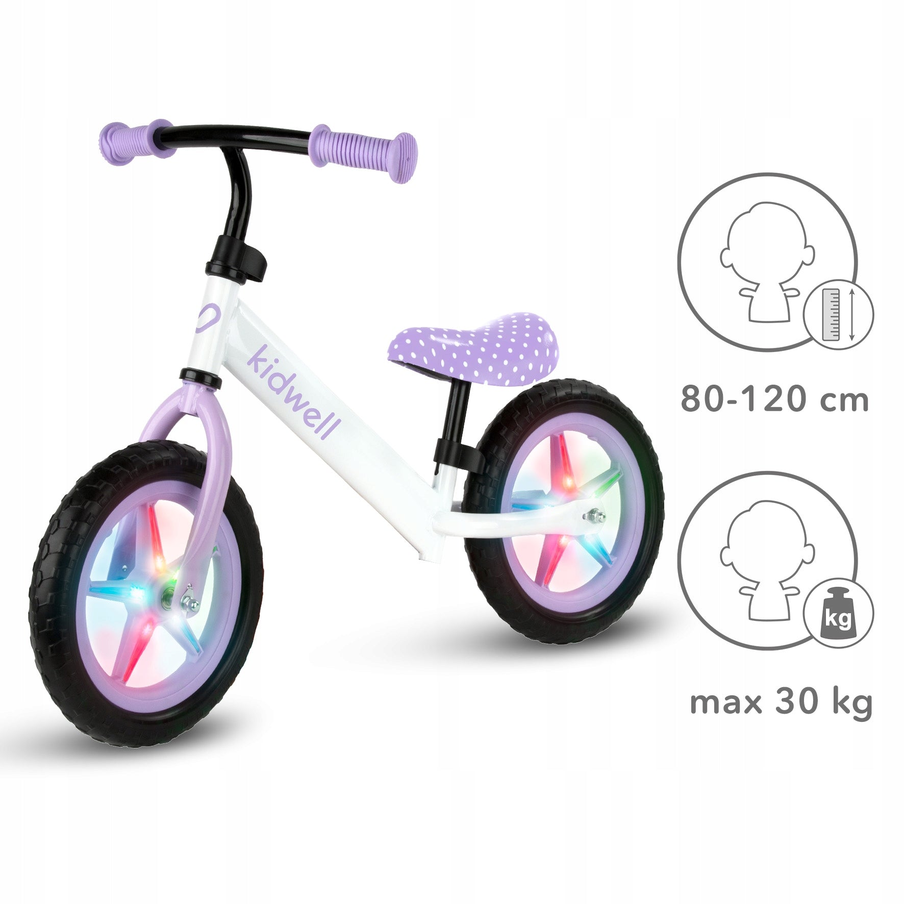 Kidwell Rebel LED balance bike 12" white, purple DOTS dots Model Rebel LED