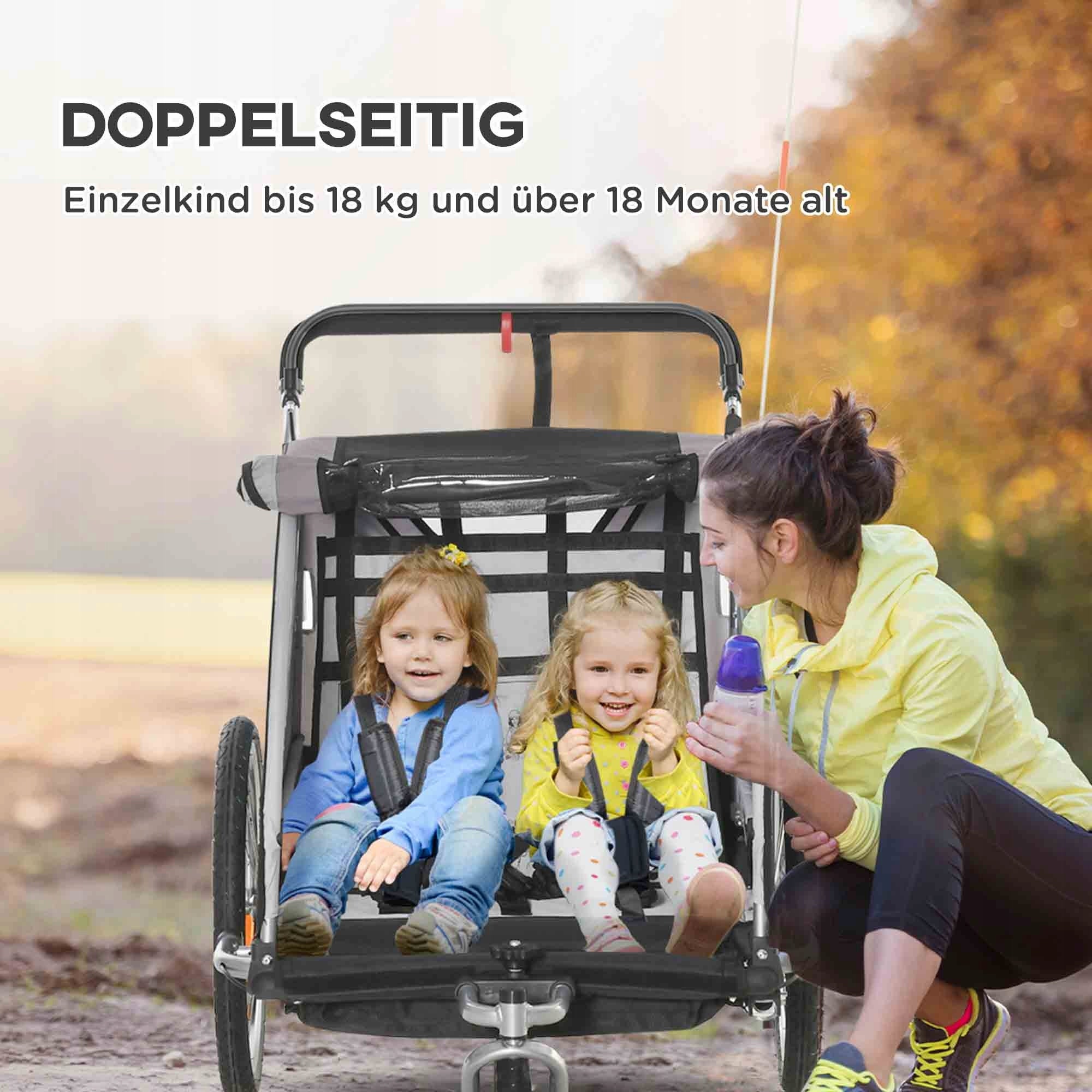 Kinderfahrradanhänger 2-in-1 for children, steel, grey-black, 2 seats For for kids