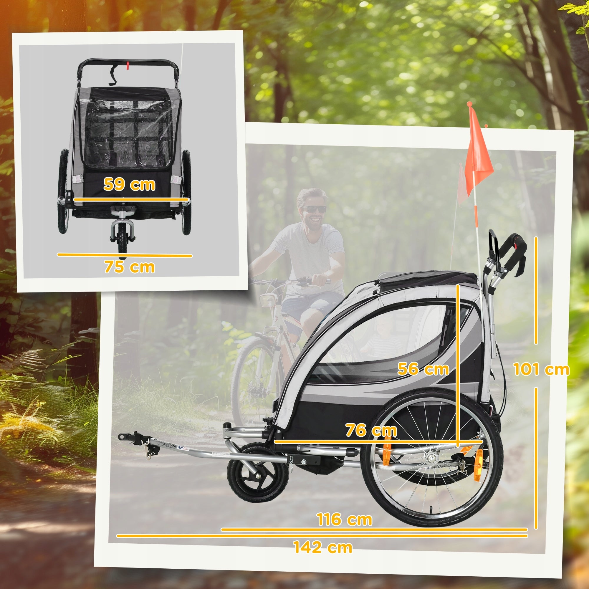Kinderfahrradanhänger 2-in-1 for children, steel, grey-black, 2 seats Manufacturer code G081118207