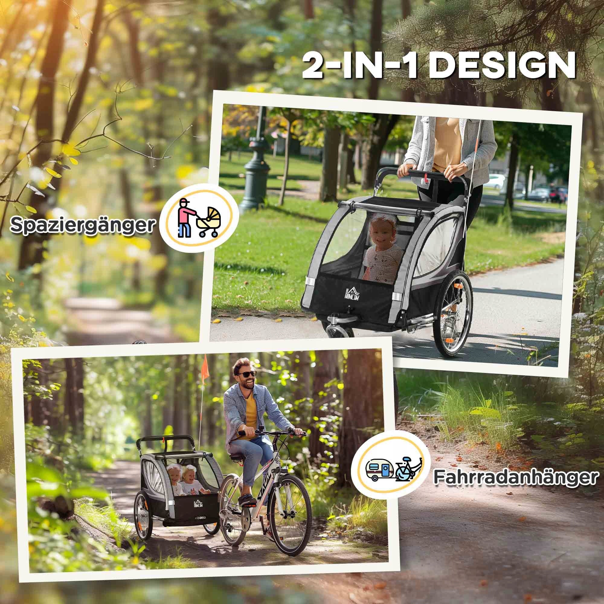 Kinderfahrradanhänger 2-in-1 for children, steel, grey-black, 2 seats Model Kinderfahrradanhänger 2-in-1