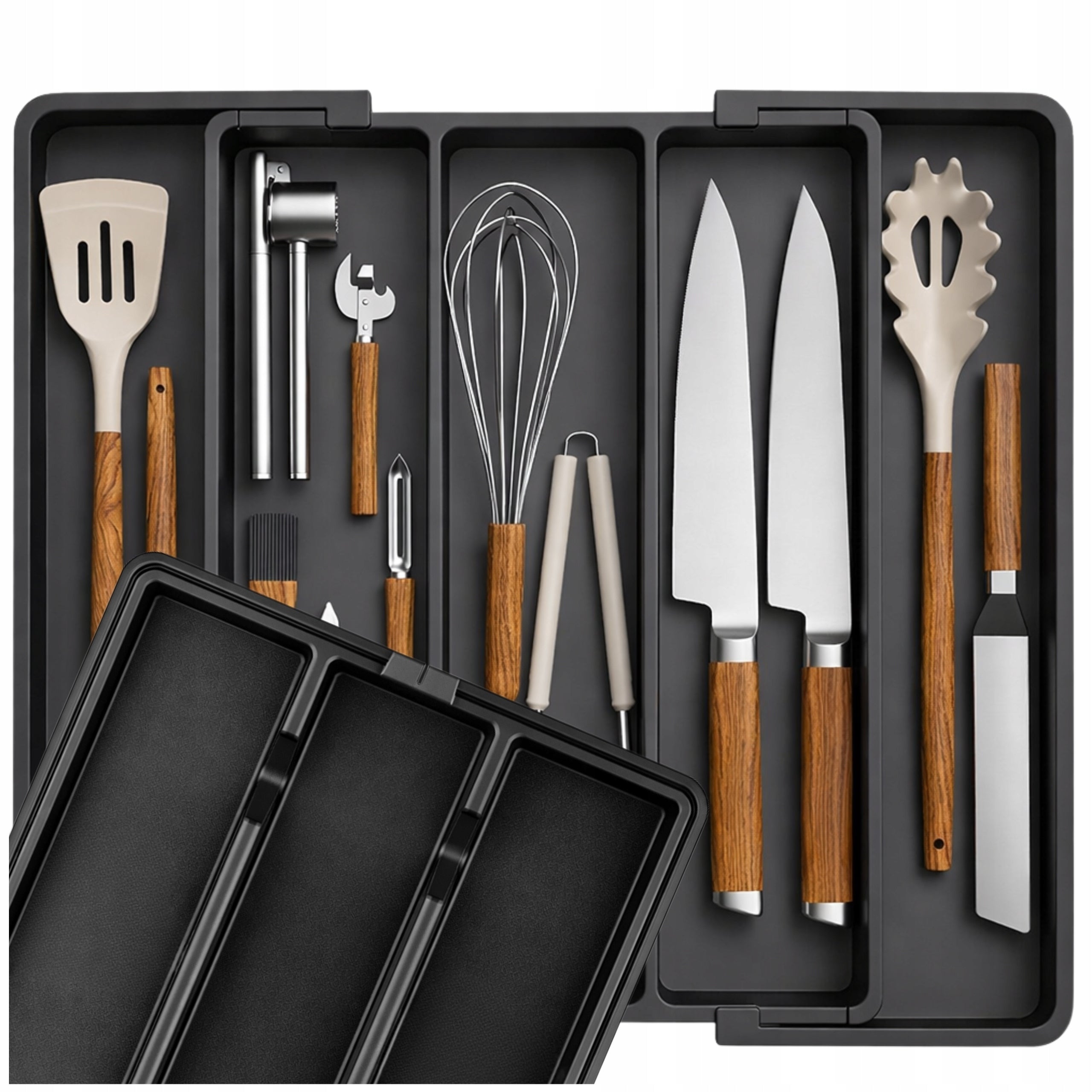 Kitchen Drawer Cutlery Sliding Organizer Cartridge Black Partitions Manufacturer code Wkład Na Sztućce Rozsuwany Czarny
