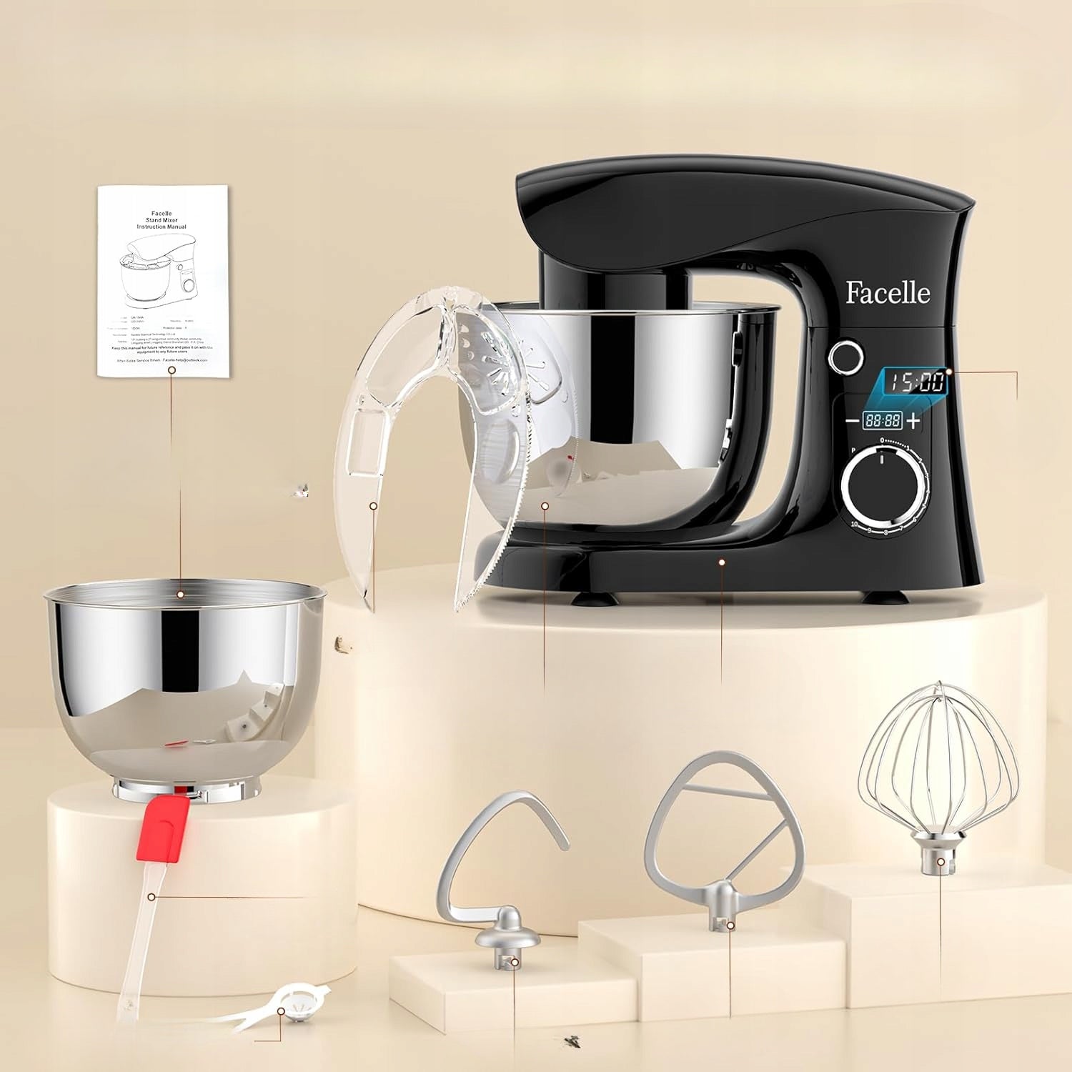 Kitchen Planetary Mixer 1500W 5,5L + 4,5L, 10 Gears with Timer, Black Brand Facelle