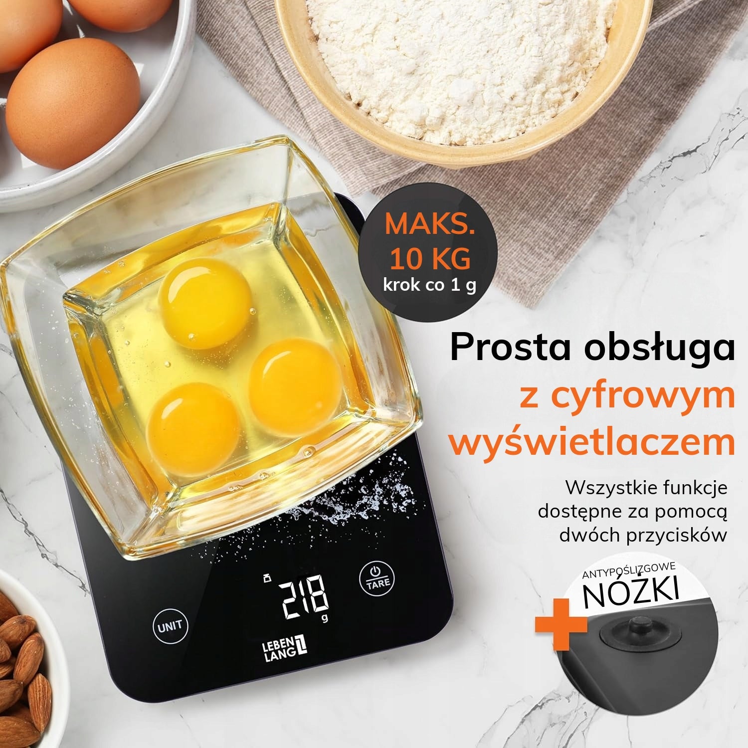 Kitchen scale ELECTRONIC PRECISION LEBENLANG waterproof USB 10kg TARA Model WAGA KUCHENNA ELEKTRONICZNA PRECYZYJNA