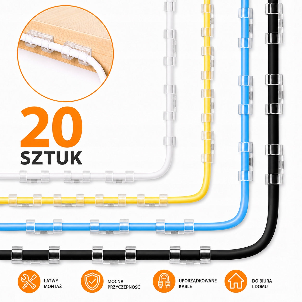 Klips uchwyt organizer do kabli samoprzylepny Przeźroczyste zestaw 20 sztuk Manufacturer code Org_klips_trax20