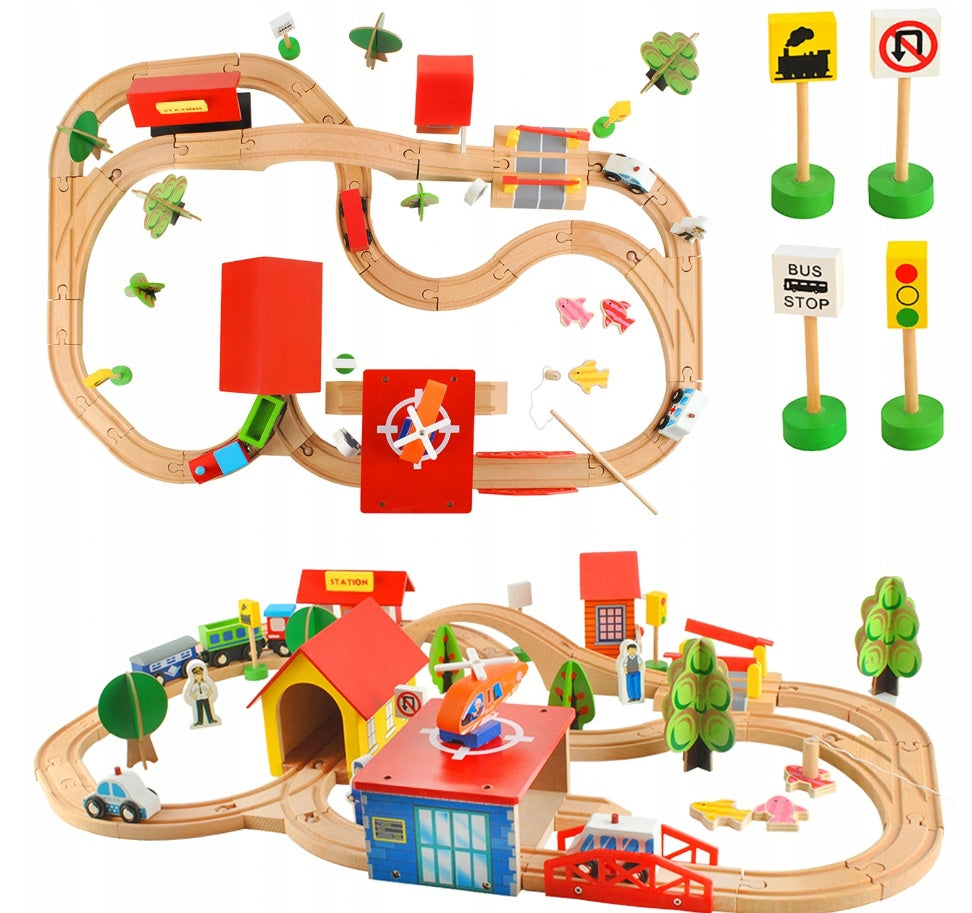 Große hölzerne Eisenbahn- und Autorennbahn 