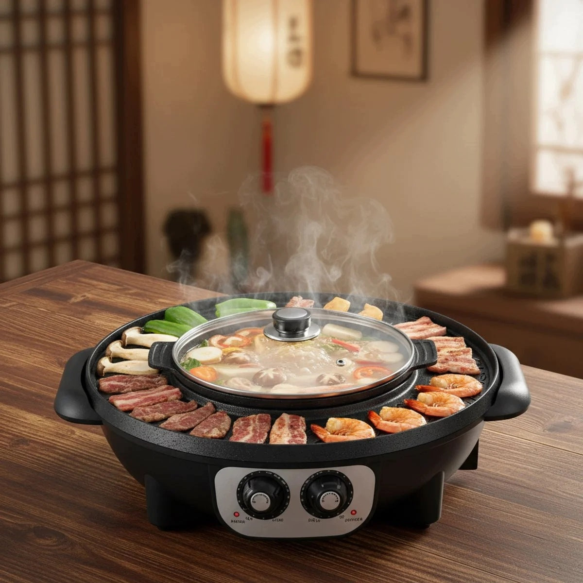 Korean BBQ Grill and Hotpot 2in1 Electric with Lid Black Adjustable Brand no brand