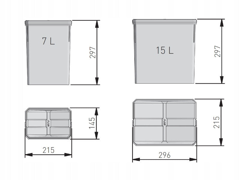 Mülleimer-Set für Schubladen: Einsatz 60 cm, 1x15l, 2x7l 
