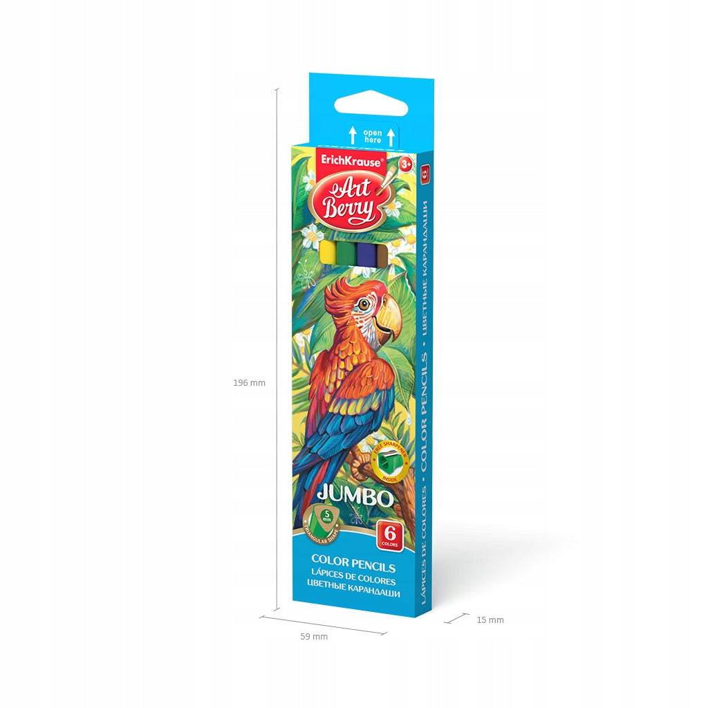 Tribriauniai spalvoti pieštukai ArtBerry® Jumbo, 6 spalvos, su drožtuvu
