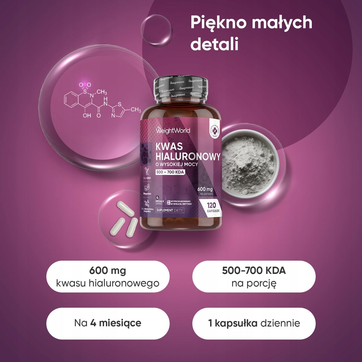 Kwas Hialuronowy 600mg 120 kaps Vegan Skóra Stawy 4 mies. Manufacturer code 5667