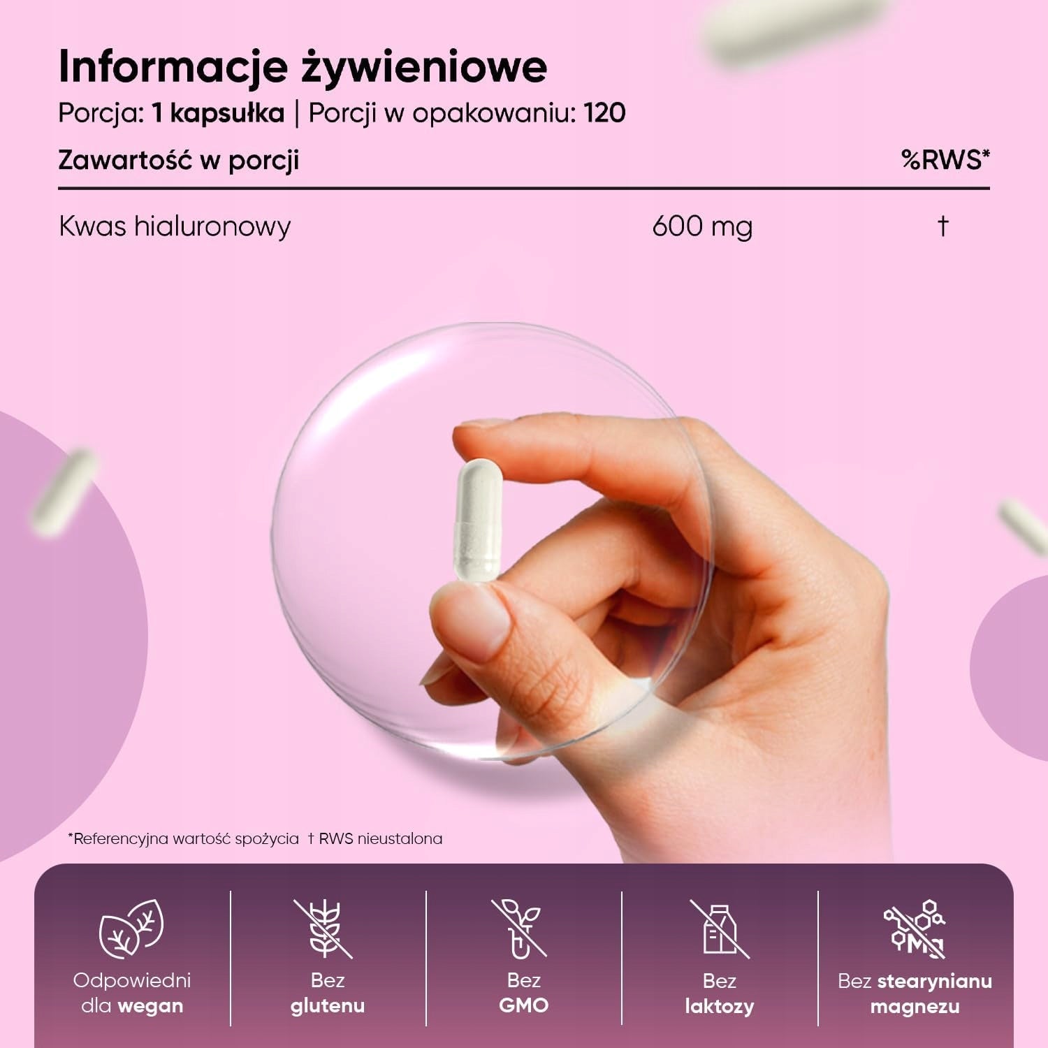 Kwas Hialuronowy 600mg 120 kaps Vegan Skóra Stawy 4 mies. Name KWAS HIALURONOWY