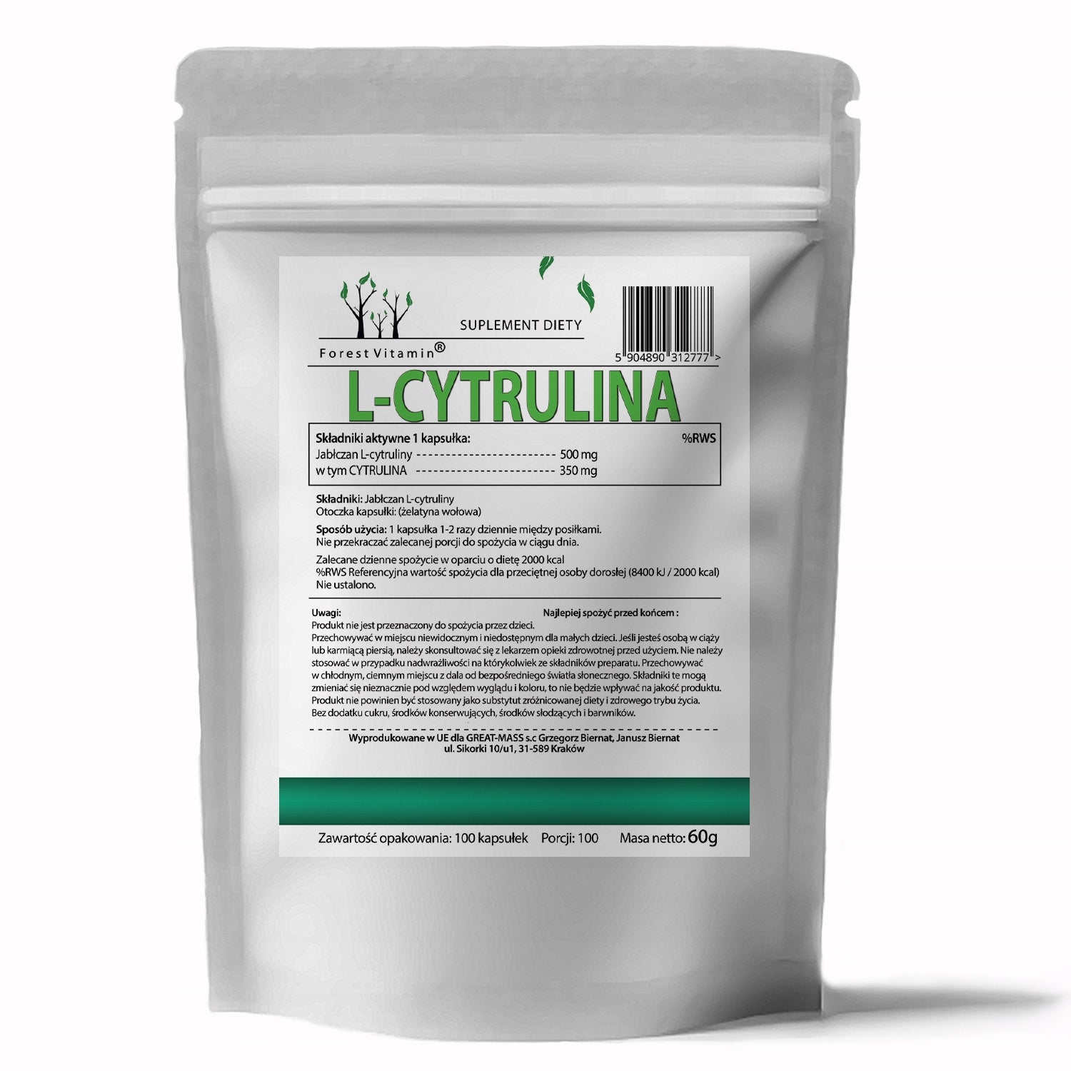 L-CITRULLINE 500mg MALATE 100 CAPSULES REGENERATION TRAINING CITRULLINE PUMP Brand Forest Vitamin
