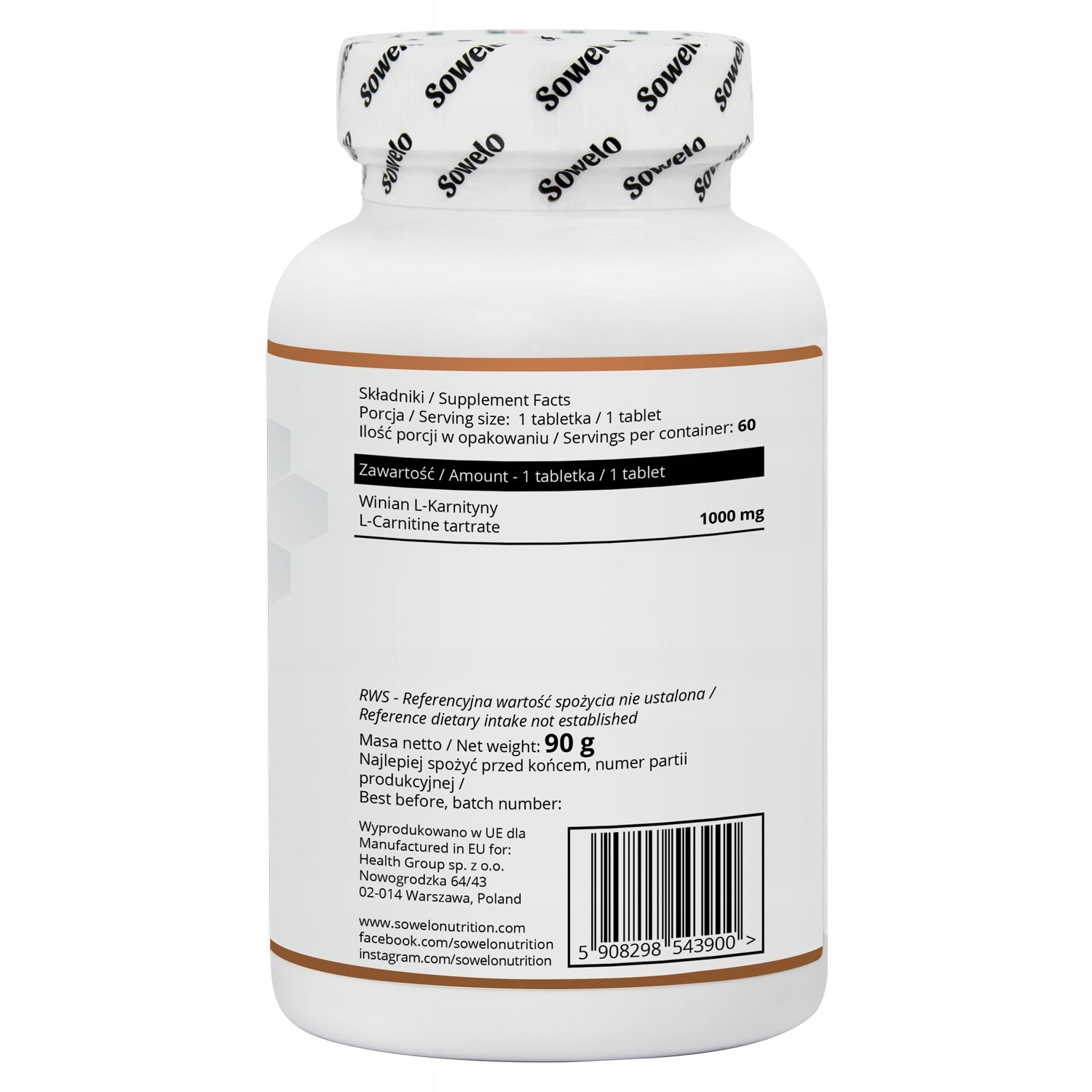 L-Carnitine 1000 mg 60 Tablets – Fat Burning and Energy – Sowelo Packaging status original