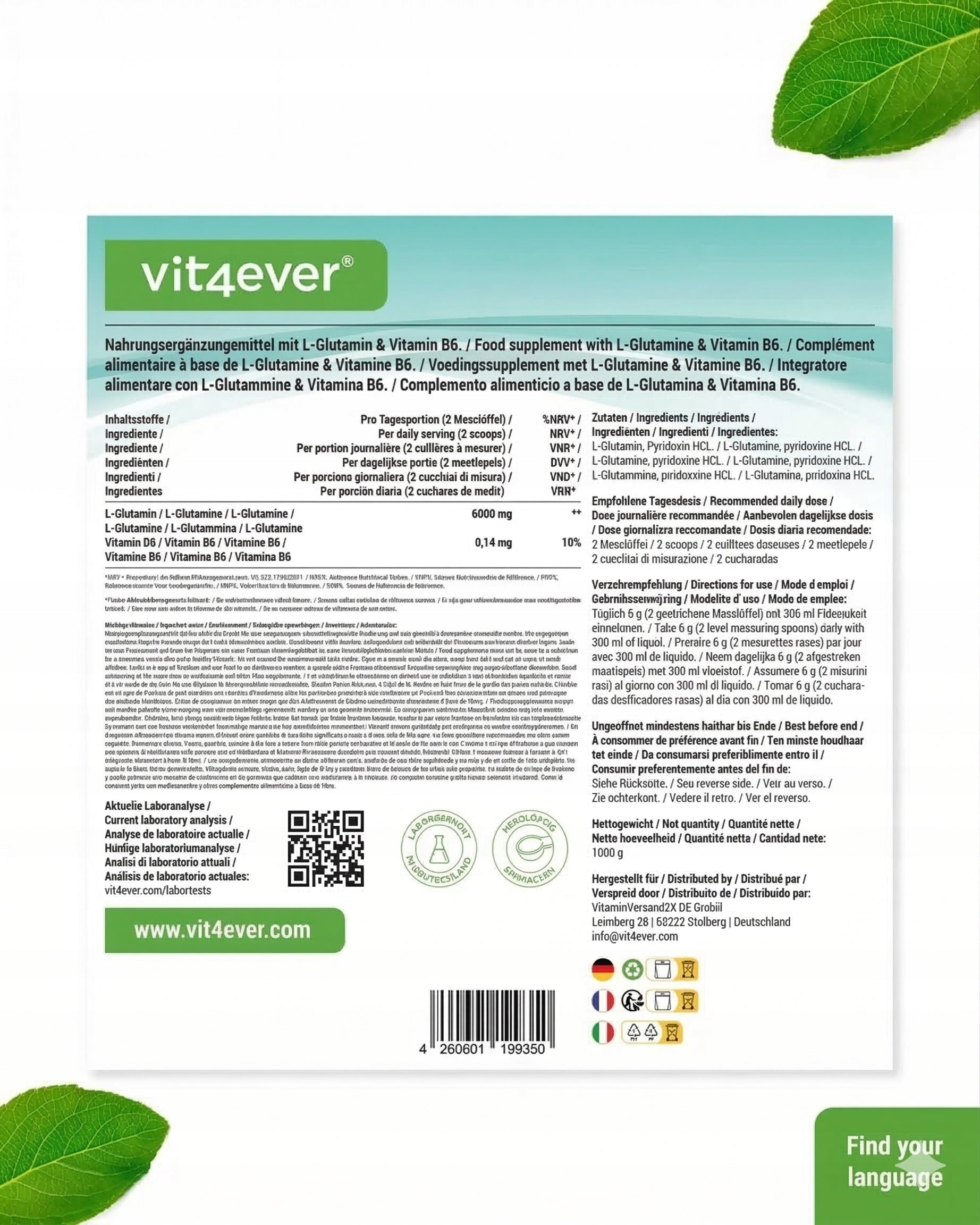 L-GLUTAMINE POWDER 1000 g MESNI REGENERATION BOWEL SUPPORT Manufacturer code vit4-486
