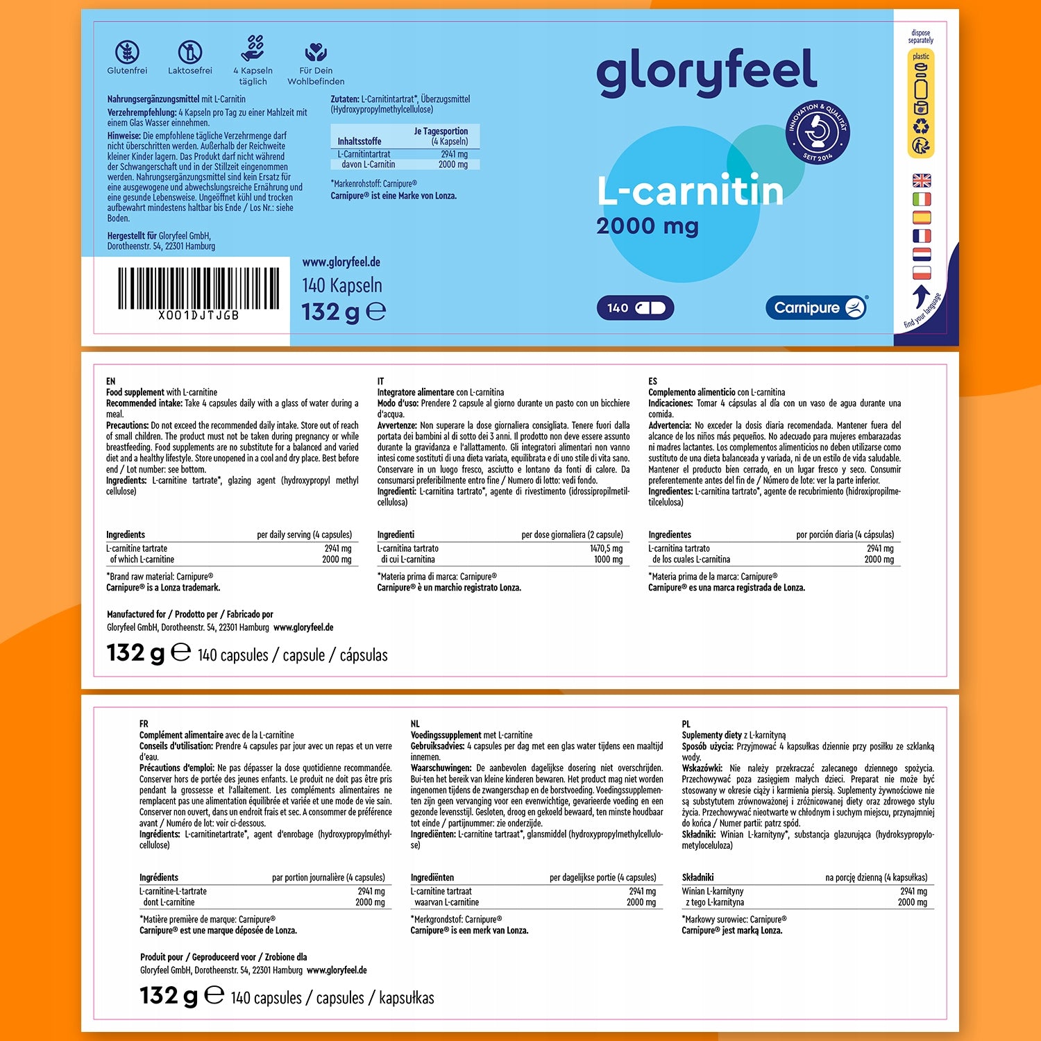 L-KARNITYNA 2000 MG 140 kaps SPALACZ REDUKCJA ODCHUDZANIE gloryfeel Brand Gloryfeel