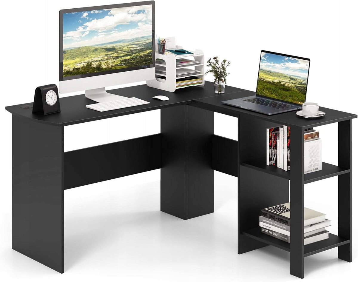 L Rectangular Corner Desk for Learning Gaming Black Double XXL