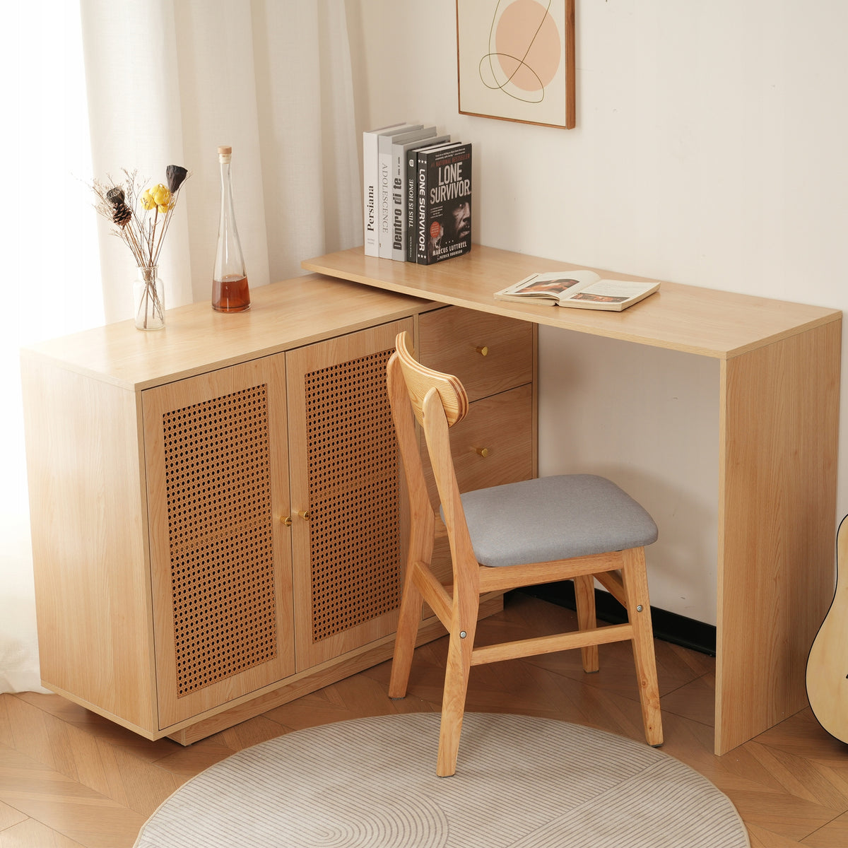 L-Shaped Desk 126cm Rattan Doors Swivel Table