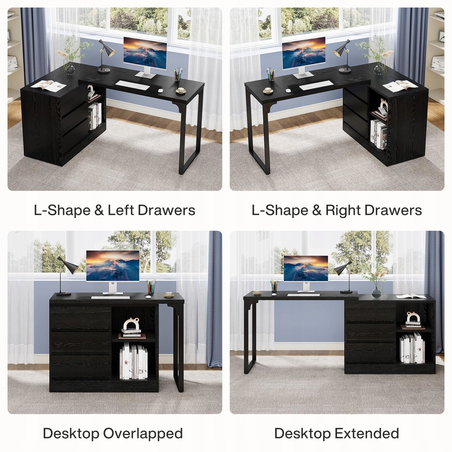 L-Shaped Desk with Drawers, Corner Desk Storage Cabinet Home Office Black Manufacturer code RY0273