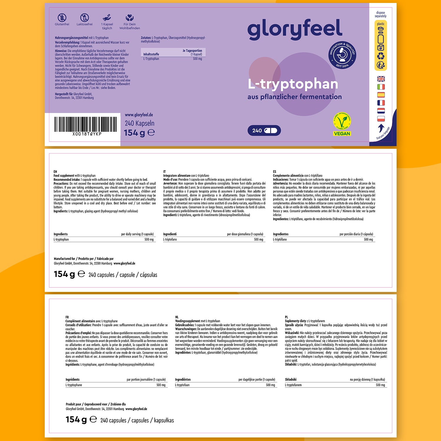 L-TRYPTOFAN 500MG 240 kapsułek NA SEN wegańskich gloryfeel Name other