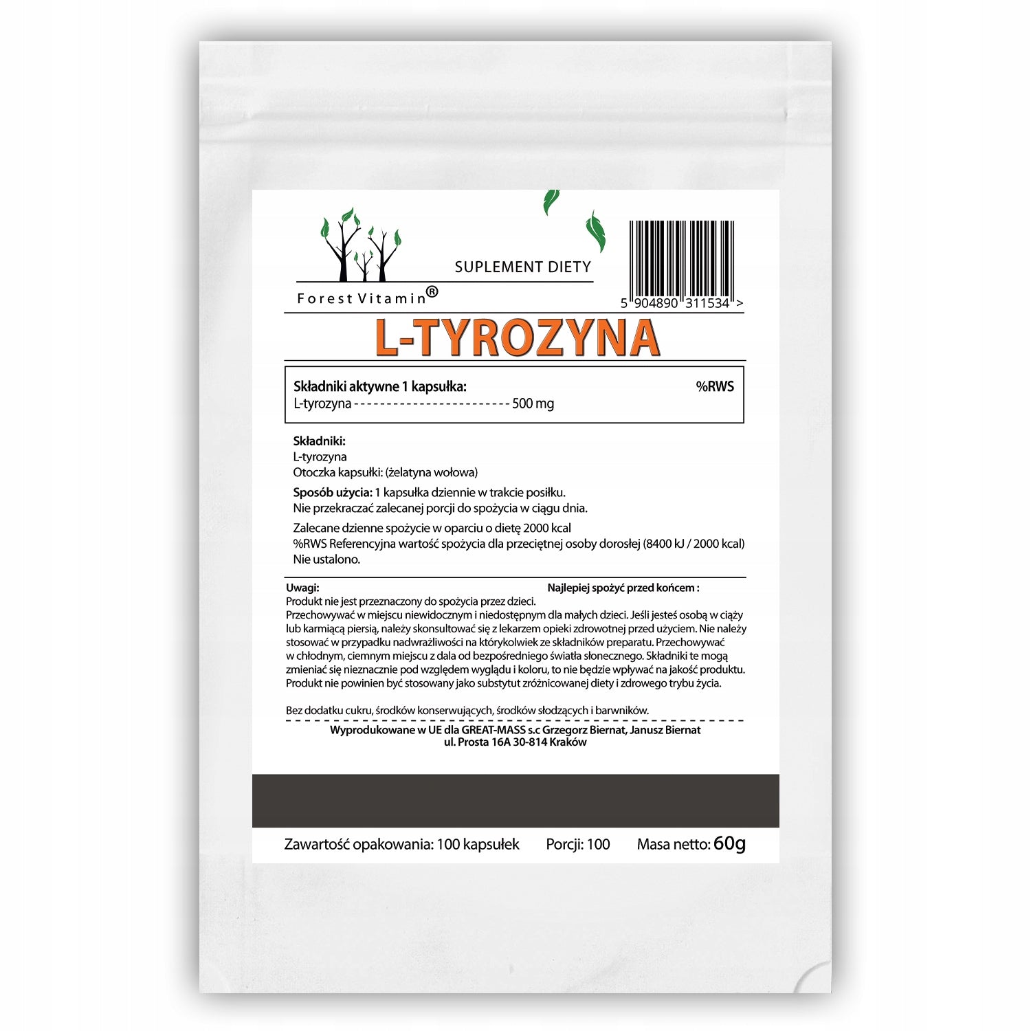 L-Tyrosine 100caps 500mg AMINO ACIDS MEMORY FOCUS CONCENTRATION Serving size 1 g