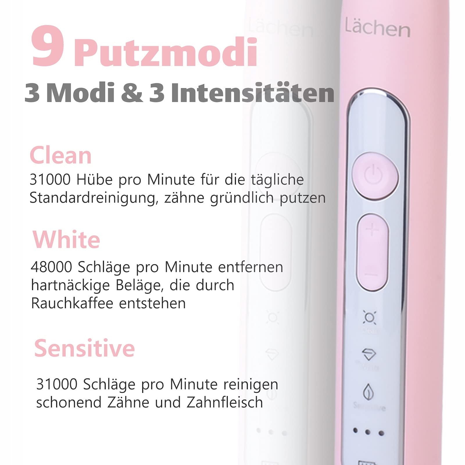 LÄCHEN Electric Sonic Toothbrush 4 Tips Timer 3 Modes Pink Kind toothbrush