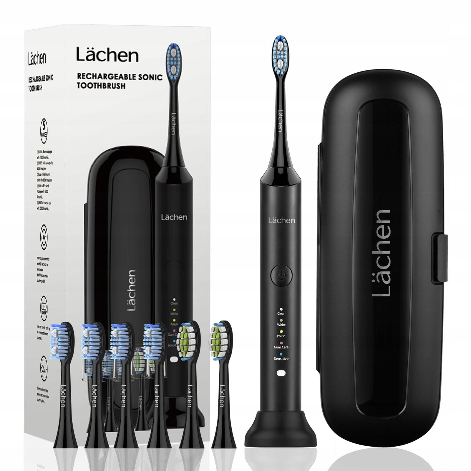 LÄCHEN Electric Sonic Toothbrush 5 Modes 6 Heads Case Black